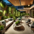 A beautifully remodeled patio with modern furniture and greenery.