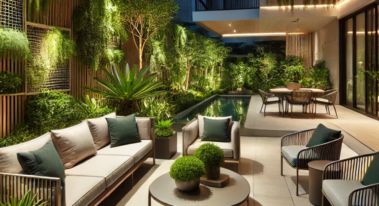 A beautifully remodeled patio with modern furniture and greenery.