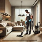 A technician cleaning a plush carpet in a modern living room.