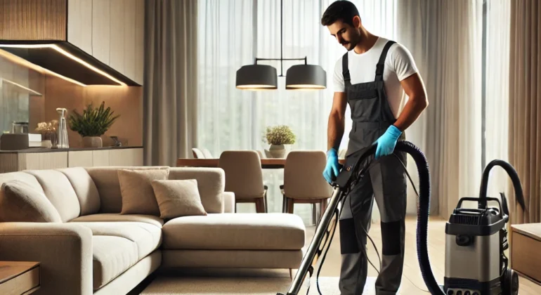 A technician cleaning a plush carpet in a modern living room.