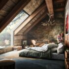 A cozy attic bedroom with skylights and modern decor