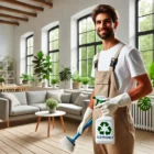 A cleaner using eco-friendly products in a bright, modern living room.