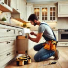 A professional handyman repairing a cabinet door in a clean, organized kitchen.