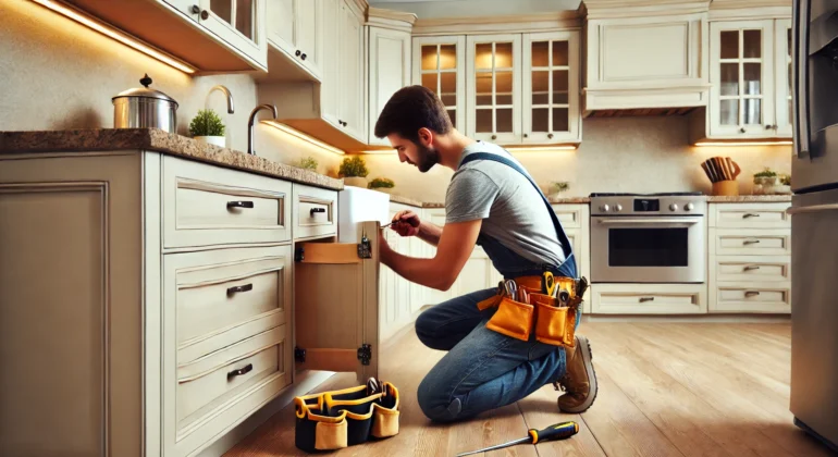 A professional handyman repairing a cabinet door in a clean, organized kitchen.